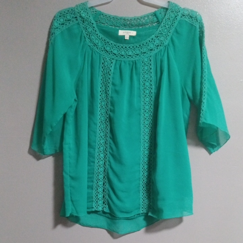 Umgee Teal Crochet Trim Peasant Blouse